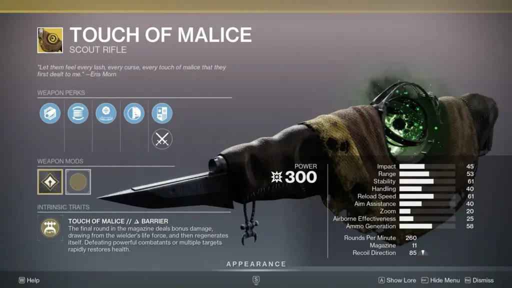 Touch of Malice exotic scout rifle