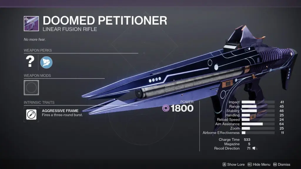 Doomed Petitioner - Void Linear Fusion Rifle in Destiny 2